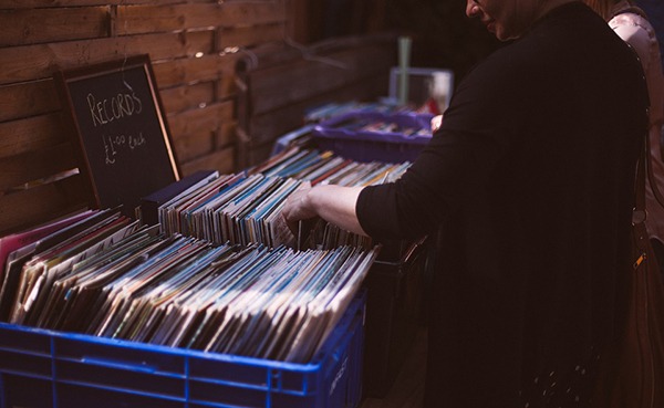 Vinyl records stored in a box