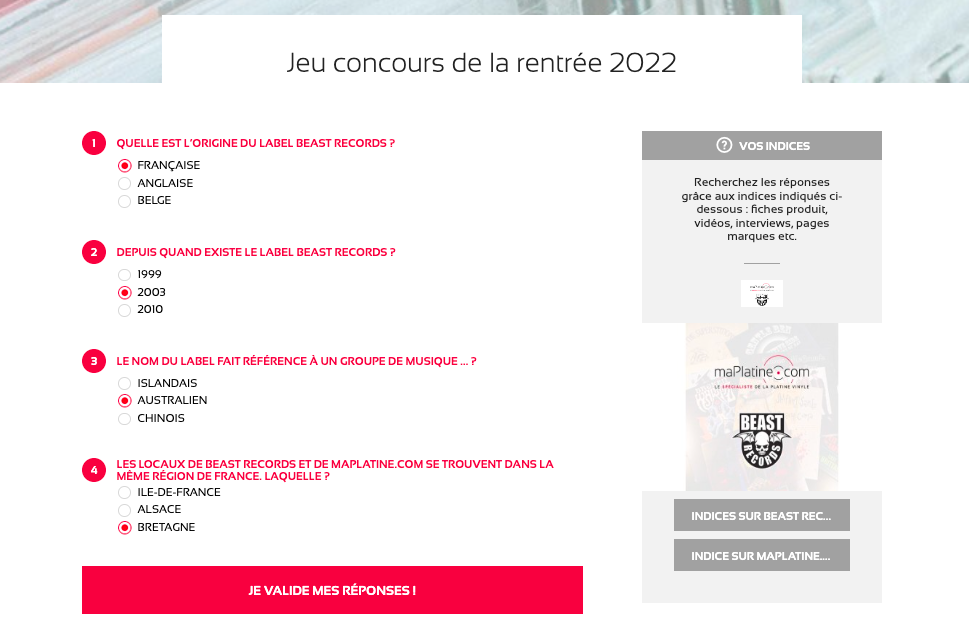 Bonnes réponses pour le jeu concours